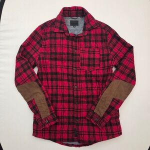 Manmade Apparel Mens Red Black Plaid Quilted Shirt Jacket Elbow Patches Medium